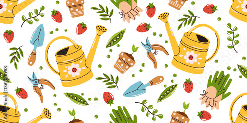 Bright seamless pattern with garden tools. Vector drawing of garden elements: watering can, work gloves, flower pots, shovels, pruning shears on a white background