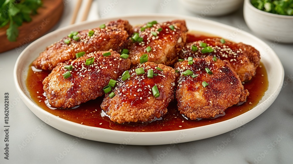 A serving of General Tso's Chicken with extra crispy coating, bathed in a sticky, flavorful sauce, served alongside golden-brown fried rice A serving of General Tso's Chicken with extra crispy coating, bathed in a sticky, flavorful sauce, served alongside golden-brown fried rice