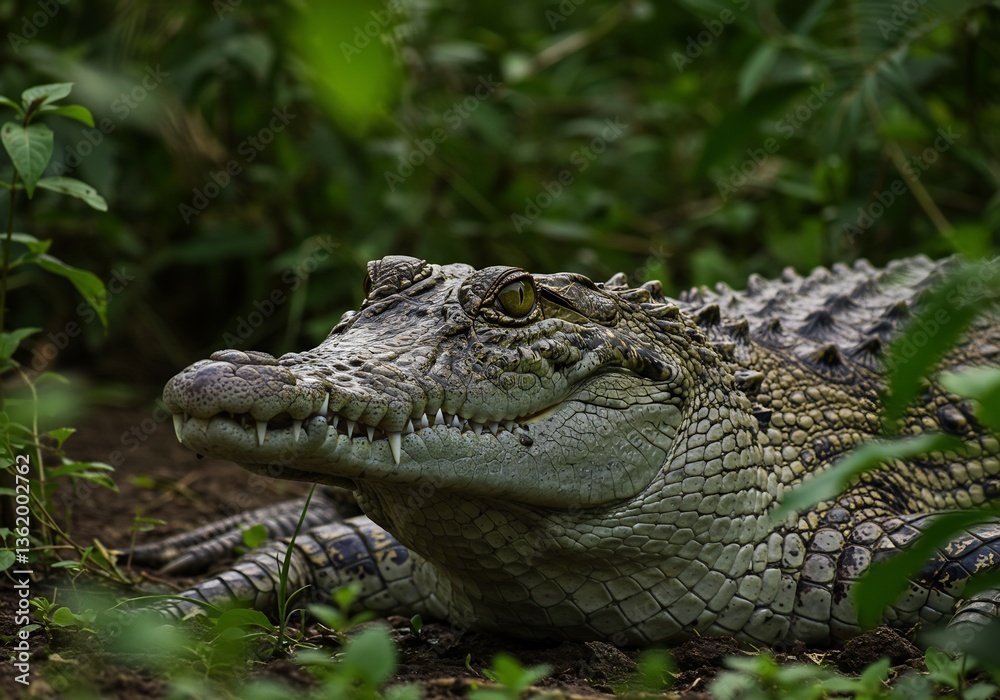 Obraz premium Young crocodile eyes gleam in dappled sunlight lush green foliage background. AI Generated
