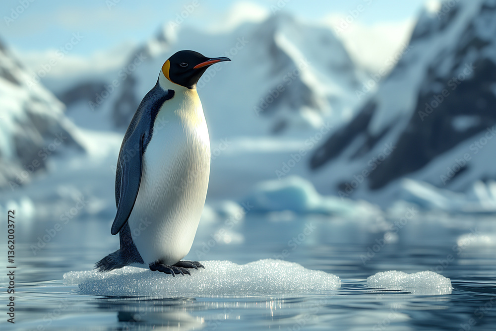 Fototapeta premium A majestic emperor penguin stands proudly on an ice floe amidst a stunning, icy landscape.
