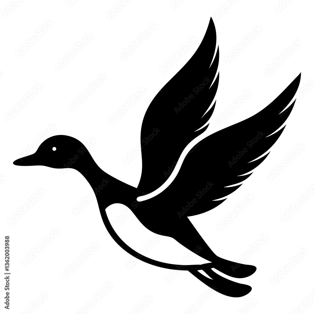 Obraz premium Vector silhouette of a flying duck with wings spread, symbolizing peace and nature