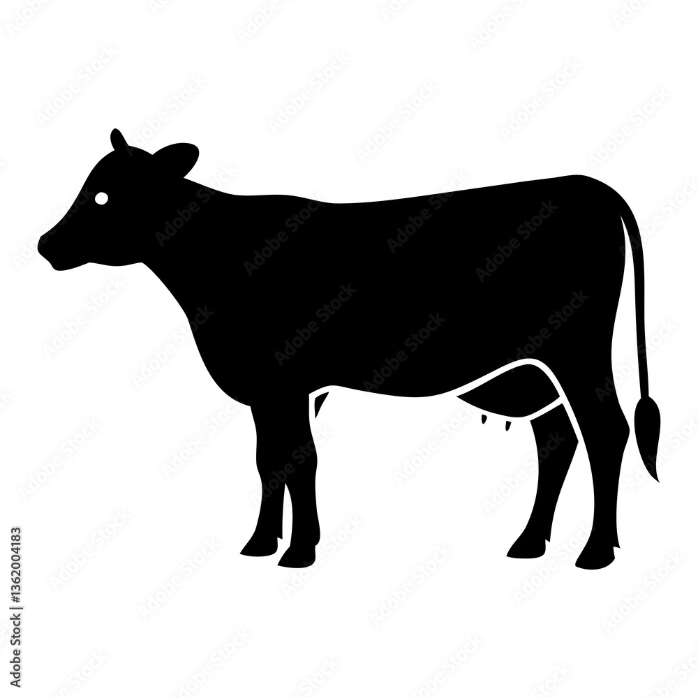 Black and white silhouette of a cow with farm animals in a simple vector style Black and white silhouette of a cow with farm animals in a simple vector style