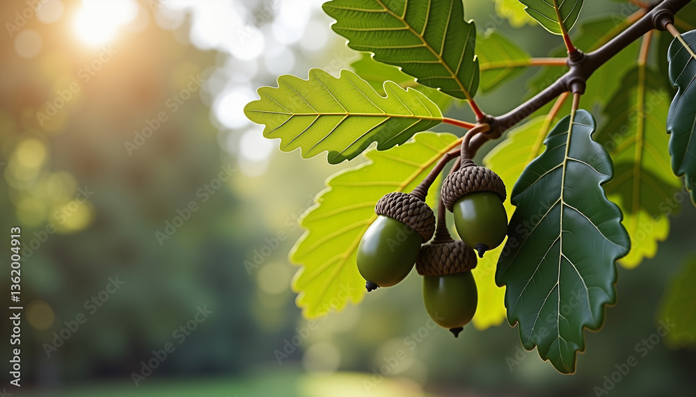 Obraz premium Acorns growing on an oak branch in a sunlit forest 