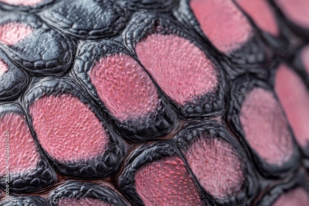 A close-up of the pink and black texture of reptile skin, showing intricate details, scales, and natural patterns. A close-up of the pink and black texture of reptile skin, showing intricate details, scales, and natural patterns.