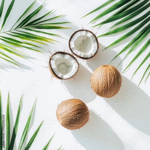 Delicious coconuts with leaves, isolated on white background