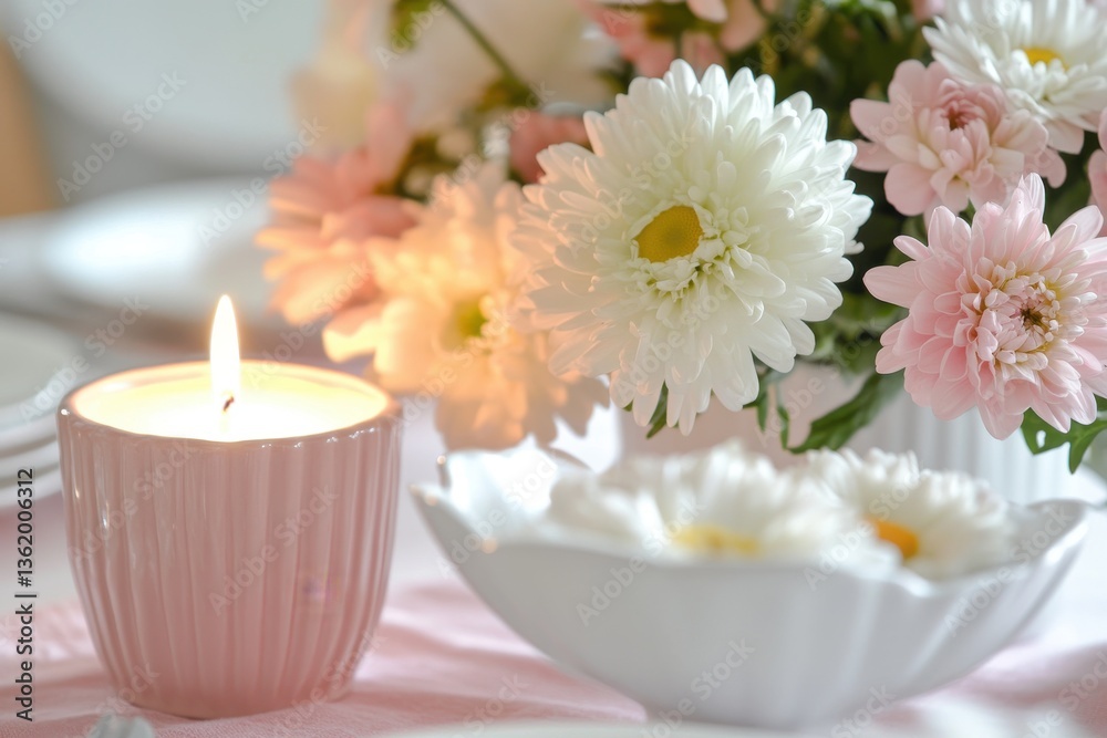 A close up of a table setting with a pink candle and a bowl of white and pink flowers in soft light A close up of a table setting with a pink candle and a bowl of white and pink flowers in soft light