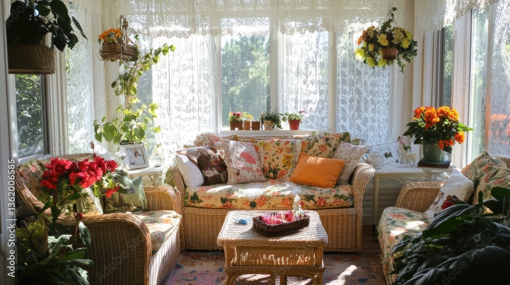 Sunlit Conservatory with Wicker Furniture and Blooming Flowers Sunlit Conservatory with Wicker Furniture and Blooming Flowers