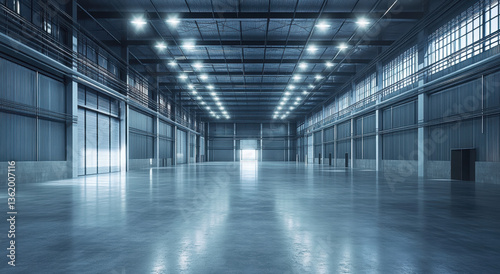 Wallpaper Mural spacious industrial warehouse with polished concrete floors and bright overhead lighting, creating modern and open atmosphere Torontodigital.ca