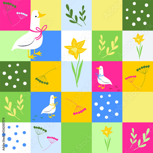Spring quilt vector seamless background, bright patchwork pattern with cute goose or duck, flowers, leaves, berries
