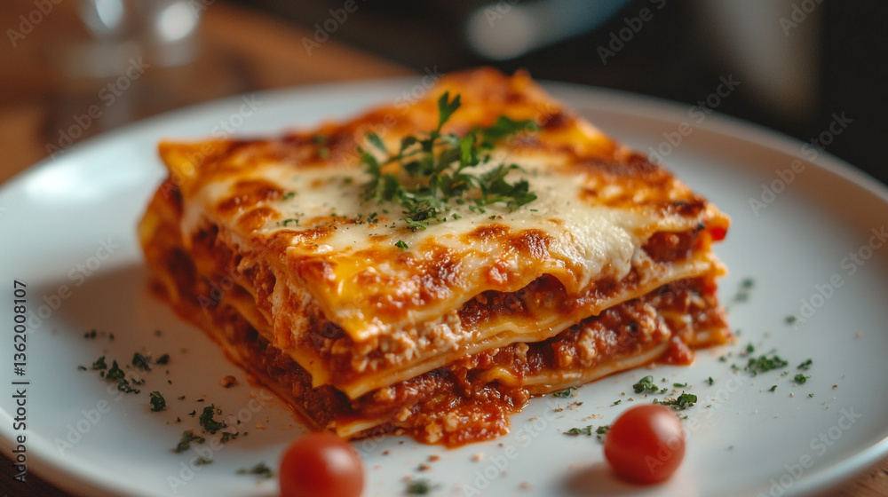 Close up shot of a lasagna dish topped with parsley on a white plate with cherry tomatoes Close up shot of a lasagna dish topped with parsley on a white plate with cherry tomatoes