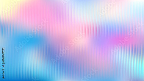 Ribbed glass surface. Abstract background with iridescent gradient pattern. Holographic light around blue metal wall. Corrugated plastic texture with modern color effect bg. Frosted window stripes