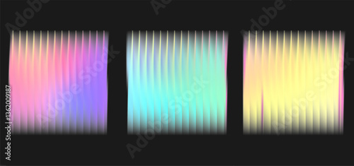 Corrugated glass effect on square background. Polycarbonate texture with frosted pattern on ribbed panel. Holographic and glossy reeded label set. Neon transparent surface and smooth color gradation.