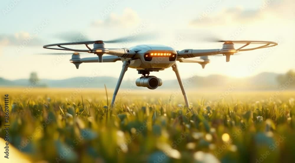 Drone flying over field at sunset. Aerial photography Drone flying over field at sunset. Aerial photography