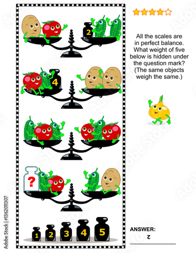 Educational math puzzle with seesaw scales, weights, potatoes, cucumbers and tomatoes: What weight of five below is hidden under the question mark?  Answer included.
