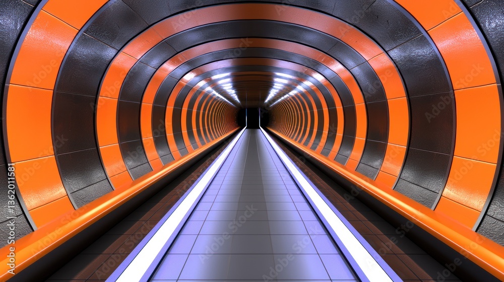 Obraz premium Abstract Orange and Black Tunnel: A Futuristic Corridor