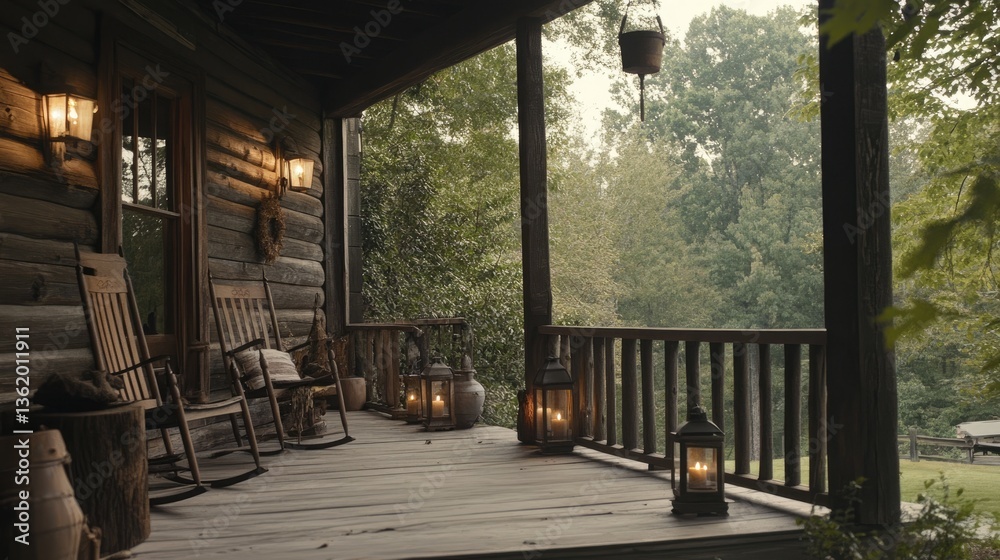 Serene Evening on a Rustic Log Cabin Porch Serene Evening on a Rustic Log Cabin Porch