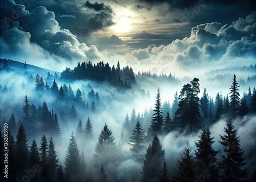 Dreamy, ethereal landscape: foggy sky, dark background, mystical double exposure.