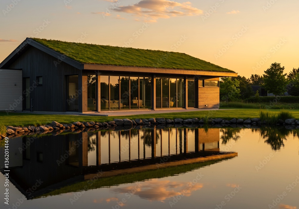 Obraz premium Modern green roof house reflected in calm sunset water. AI Generated