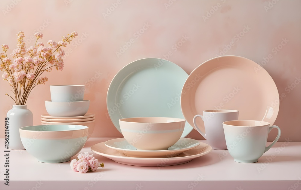 Stylish Table Setting with Pastel Dishes and Flowers Stylish Table Setting with Pastel Dishes and Flowers