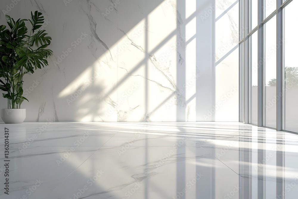 Obraz premium Bright Room Interior, Marble Floor & Wall, Green Plant, Sunlight Window, Modern Design