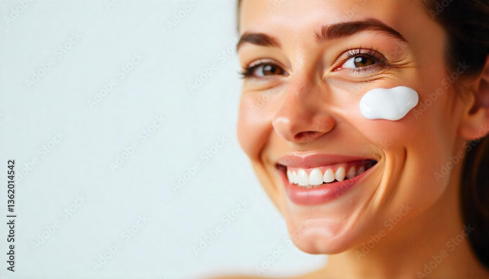 A close up photo woman with a radiant smile applies facial cream to her cheek, showcasing healthy and smooth skin against a plain white background A close up photo woman with a radiant smile applies facial cream to her cheek, showcasing healthy and smooth skin against a plain white background