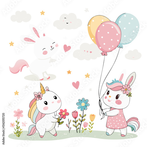 kawaii bunny, wall art, sweet bunny, kids birthday animals, baby unicorn, pastel, Easter bunny, kids illustration, children clipart