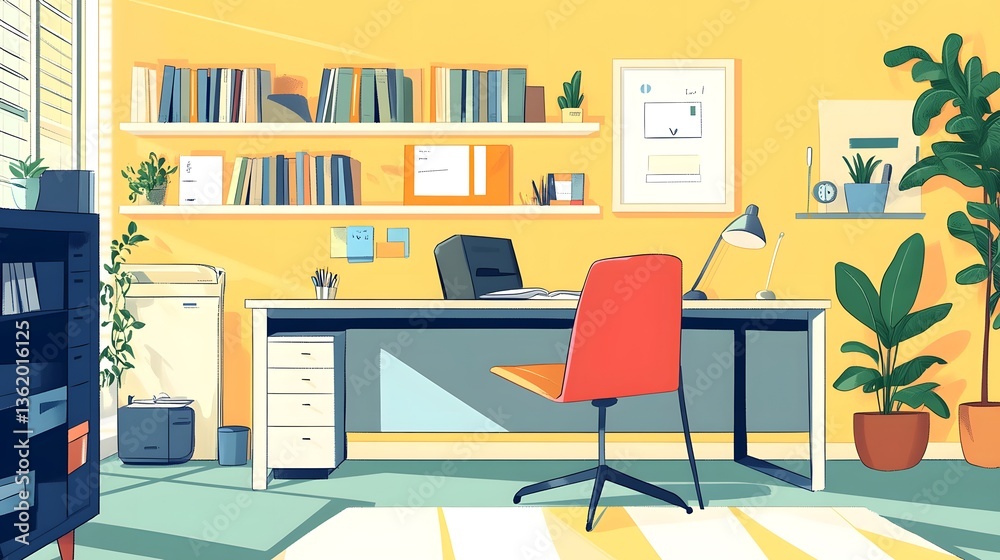A bright and modern home office setup with a desk, chair, and plants, creating an inviting workspace for productivity.