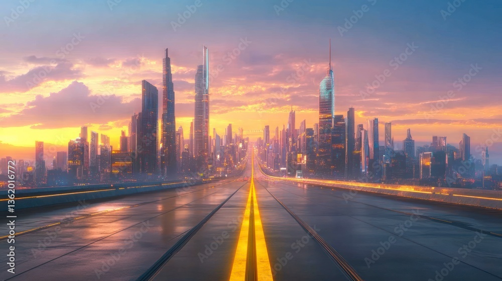 Naklejka premium Futuristic Cityscape Sunset Highway Road Digital Art