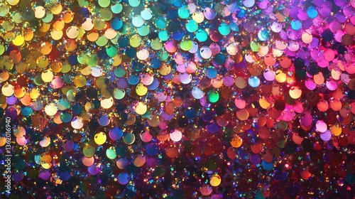 detailed photograph of a stylish dark rainbow holographic dot foil material, complete with a colorful hologram surface and a glitter pixel pattern background