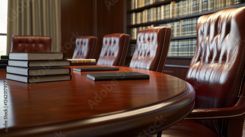 A corporate legal firm, high-end boardroom with an oval mahogany table, high-backed leather chairs, and neatly stacked law books