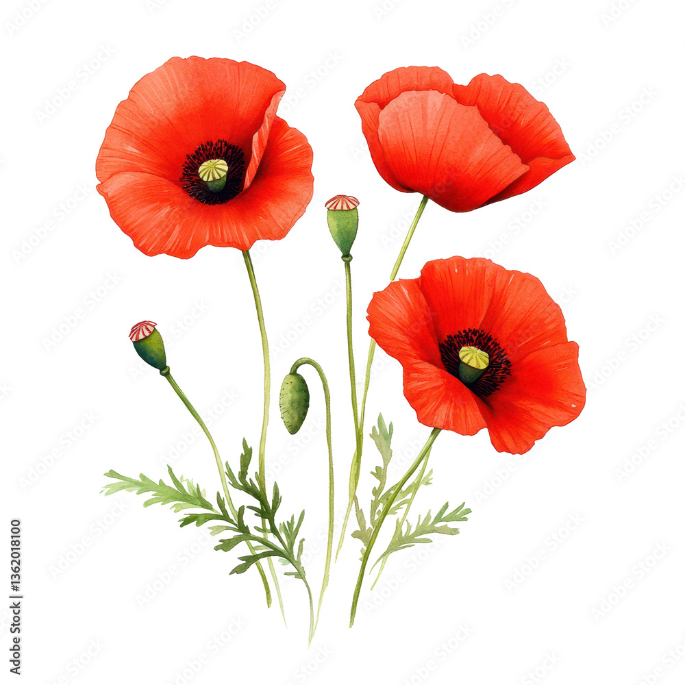 Naklejka premium Crimson Embrace: A captivating arrangement of vivid red poppies showcases their delicate petals and intricate details.