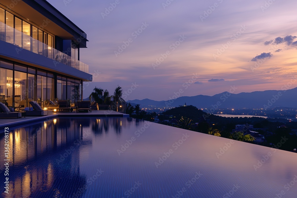 Fototapeta premium Stunning Infinity Pool at Villa Overlooking Tropical Landscape During Purple Sunset