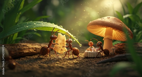 Ants' Picnic Under Mushroom: A whimsical 3D rendered image depicting ants enjoying a tea party under a glowing mushroom in a lush forest setting.