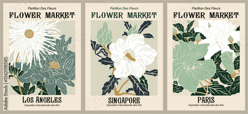 Set of Abstract Flower Market Exhibition posters . Trendy botanical wall arts with floral design in sage green colors. Modern art nouveau vintage interior decorations, paintings. Vector illustration.