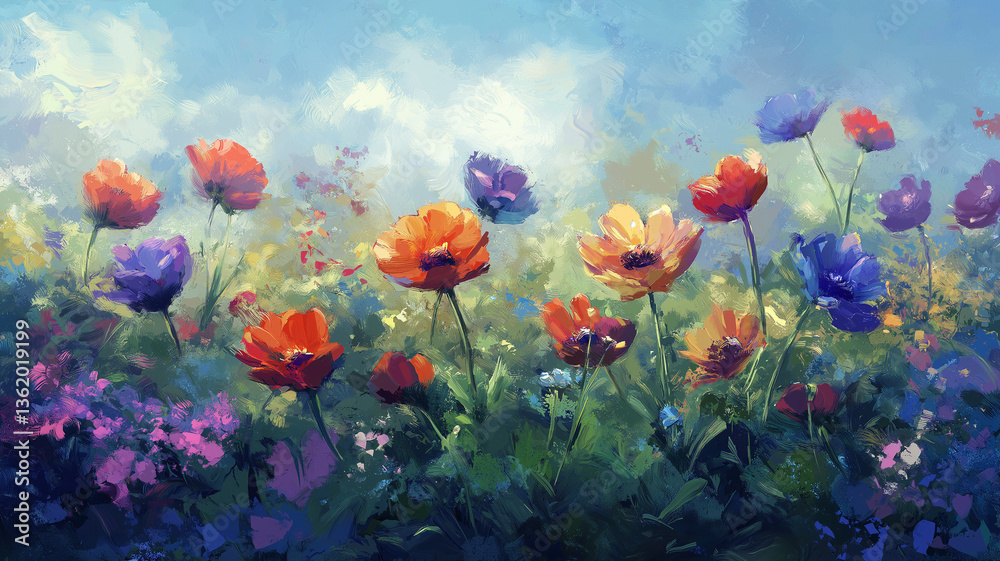 Obraz premium 春の花畑から望む美しい山岳風景・鮮やかなピンクと白い花が咲き蝶が飛ぶ幻想的で爽やかな大自然・ボタニカルイラスト・ナチュラルテイスト・フローラル・リラックス・癒しの背景イラスト素材