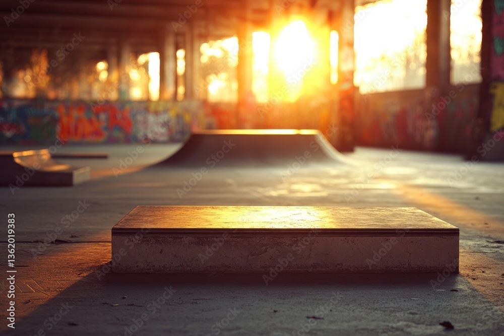 Fototapeta premium Golden Hour at an Abandoned Skatepark Urban Decay and Sunset Serenity