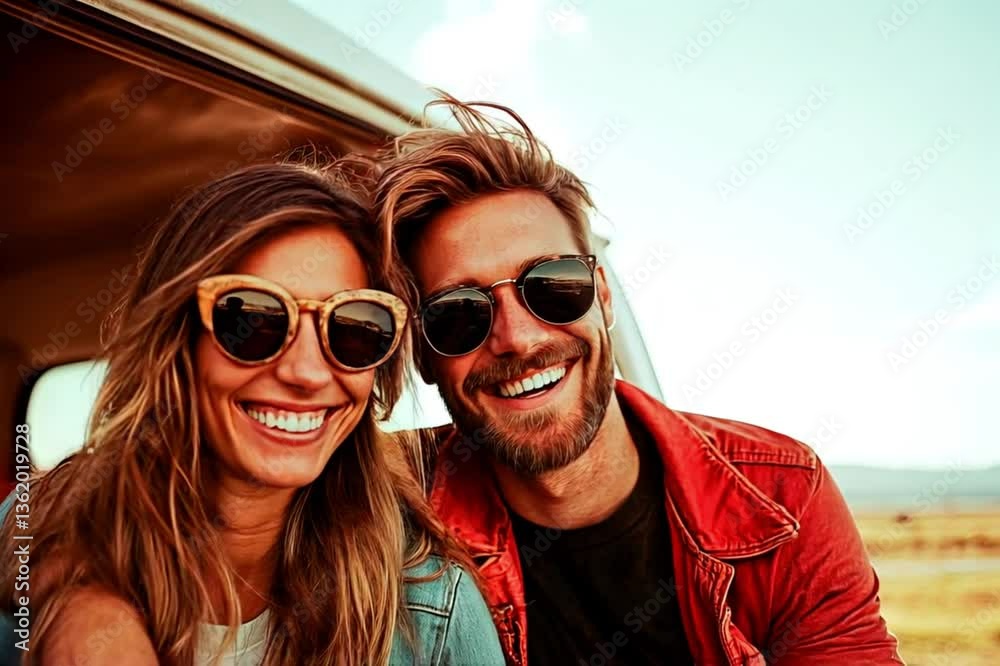 Young couple in front of a van wearing sunglasses Young couple in front of a van wearing sunglasses