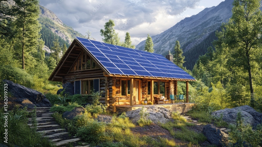 Fototapeta premium Solar-powered cabin nestled in a serene forest, surrounded by mountains and greenery