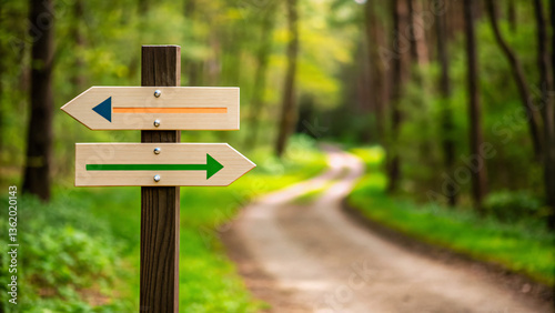 Wooden Signpost with Direction Arrows in Lush Forest Trail Surrounded by Greenery