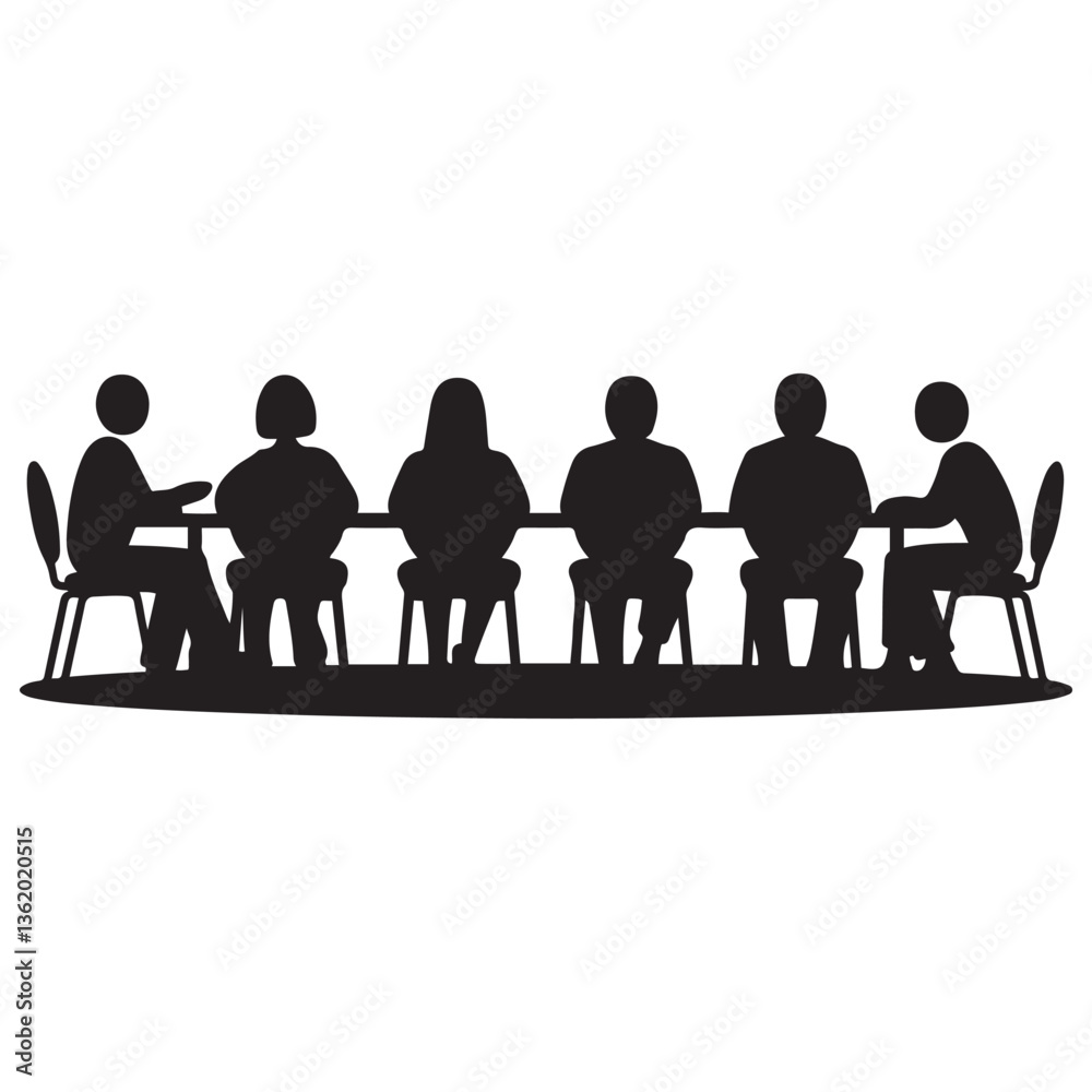 Group of people sitting around a long table, Sitting table flat silhouette vector black. with white background