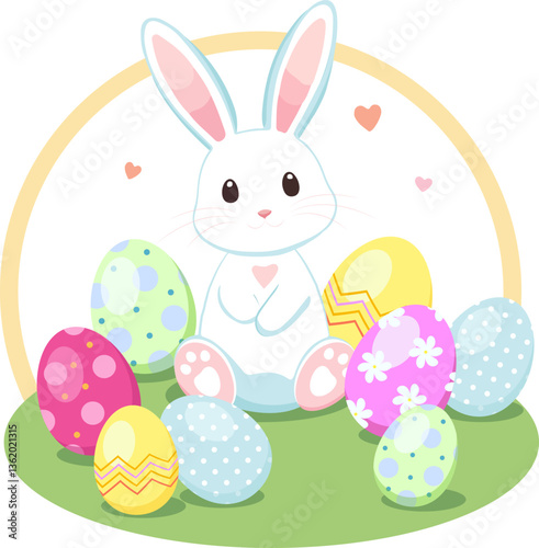 Flat vector illustration of an Easter bunny sitting on a meadow surrounded by decorated Easter eggs. Soft pastel tones create a light festive atmosphere. Suitable for printing, greeting cards, packagi