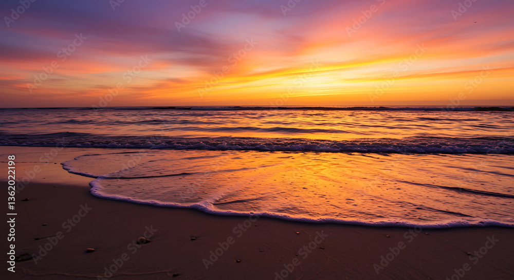 Obraz premium A beach at sunset with colorful sky and gentle waves