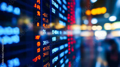 Close-up of illuminated digital stock market board displaying fluctuating numbers in red, blue and yellow with bokeh lights, Concept of financial trading, volatility and investment strategy. photo