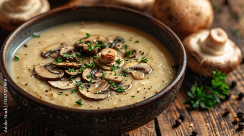 A bowl of mushroom veloute soup with sliced mush