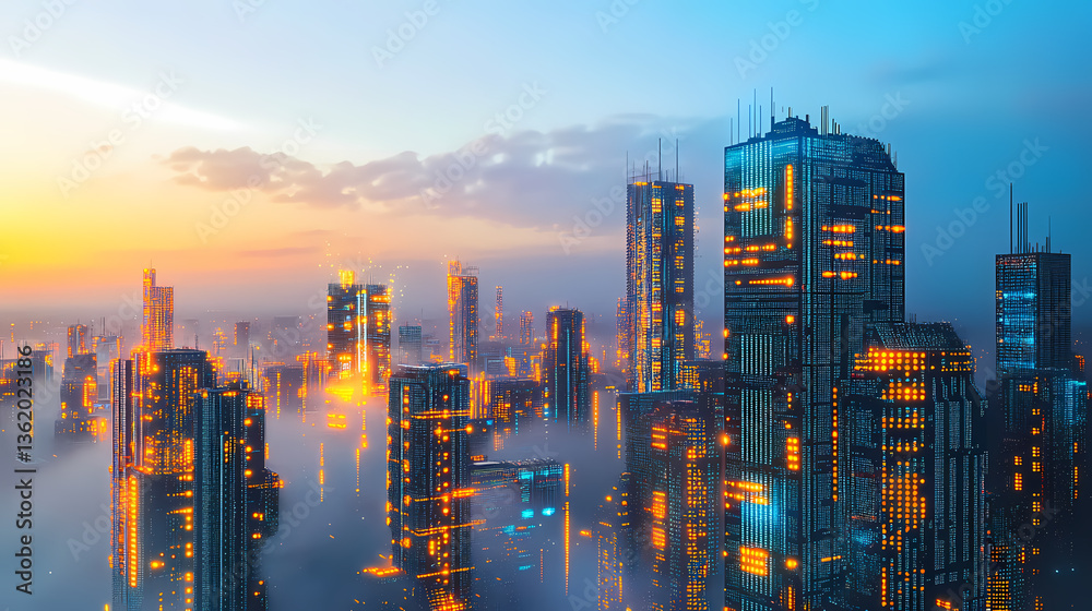 Obraz premium Futuristic Cityscape Above the Clouds at Sunrise