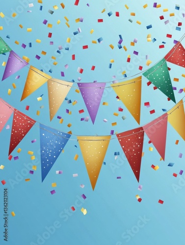 Colorful party bunting flags hanging in a festive arch. Perfect for celebrations and events.