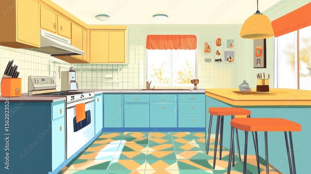 Fototapeta premium Eclectic kitchen design featuring colorful tiles, bright blue cabinets, and bold orange stools, creating a vibrant and fun atmosphere. illustration