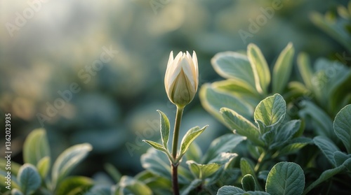 white flower close up on green background with plants.