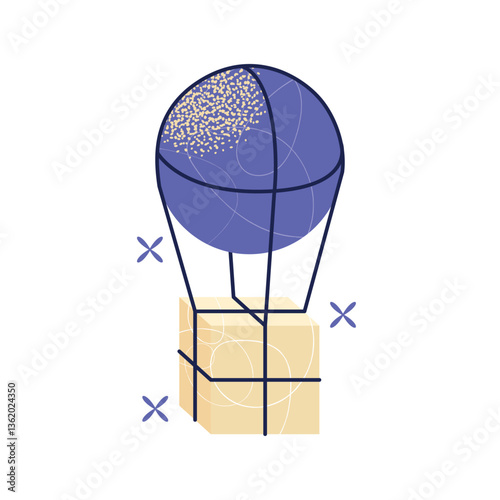 Logistics and transportation icons, airplane, hot air balloon, packages. Flat vector illustration of global delivery system concept design