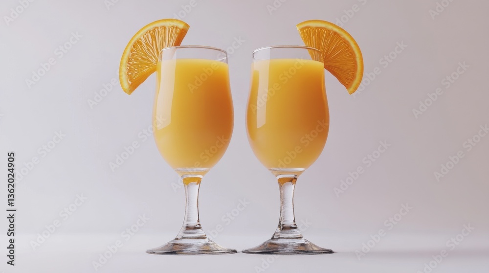 Two glasses of orange juice isolated on a white background, 3D rendering. Two glasses of orange juice isolated on a white background, 3D rendering.